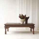 Vintage Teak Coffee Table handcrafted from reclaimed solid teak with a light natural finish and traditional carved details.
