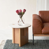Pivot side table travertine top with oak base - Originals Furniture Singapore