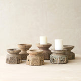 Vintage Seed Candle Holder handcrafted from a reclaimed wooden seed disperser from India with intricate carved detailing.