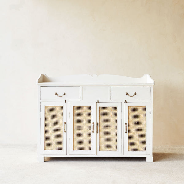 Vintage Sideboard with Rattan Inlay | White