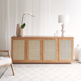 Hudson teak sideboard 4 doors with rattan inserts, crafted from sustainably sourced Java teak with fixed shelves - $3680