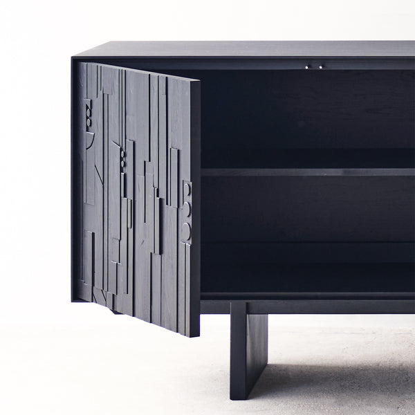 Ethnicraft mosaic teak sideboard 4 doors, crafted with FSC certified sustainably sourced teak with mahogany doors with a varnish finish - $3840