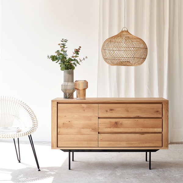 Ethnicraft shadow oak sideboard 1 door 3 drawers crafted from high quality European oak with adjustable shelves and soft closing blum - $2590