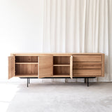 Ethnicraft shadow oak sideboard 3 door 3 drawers crafted from high quality European oak with adjustable shelves and soft closing blum - $3960