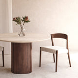 Walnut Ronda Dining Chair with Tathra Round Dining Table Travertine