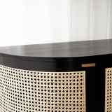 Naumi teak rattan sideboard black with rattan inlay crafted with sustainably sourced teak and fixed shelves - $3280