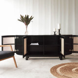 Naumi teak rattan sideboard black with rattan inlay crafted with sustainably sourced teak and fixed shelves - $3280