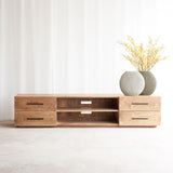 Tarita quinn teak TV console 4 drawers, crafted from sustainably sourced teak with fixed shelves and soft closing blum drawers - $2680