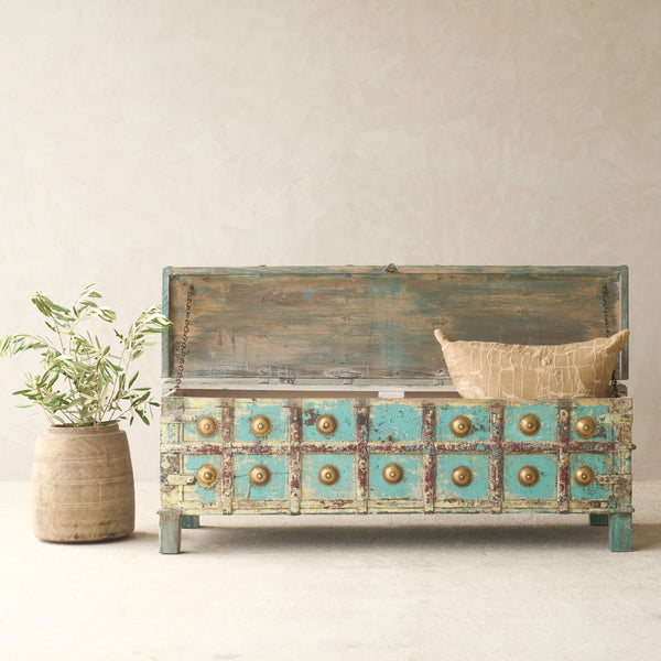 Vintage Chest with Brass Motifs | Bluewash
