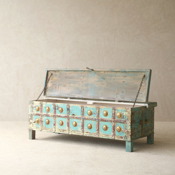 Vintage Chest with Brass Motifs | Bluewash