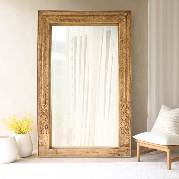 Reclaimed Architectural Teak Mirror handcrafted from an antique carved teak architectural doorway salvaged from a historic home in India.