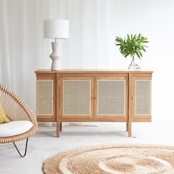 Rochel teak sideboard 4 doors with rattan inserts, crafted from sustainably sourced Java teak with fixed shelves and magnetic door catch - $2980