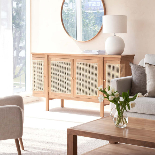 Rochel teak sideboard 4 doors with rattan inserts, crafted from sustainably sourced Java teak with fixed shelves and magnetic door catch - $2980