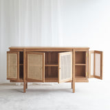 Rochel teak sideboard 4 doors with rattan inserts, crafted from sustainably sourced Java teak with fixed shelves and magnetic door catch - $2980