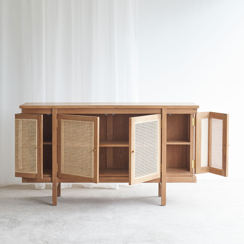 Rochel teak sideboard 4 doors with rattan inserts, crafted from sustainably sourced Java teak with fixed shelves and magnetic door catch - $2980