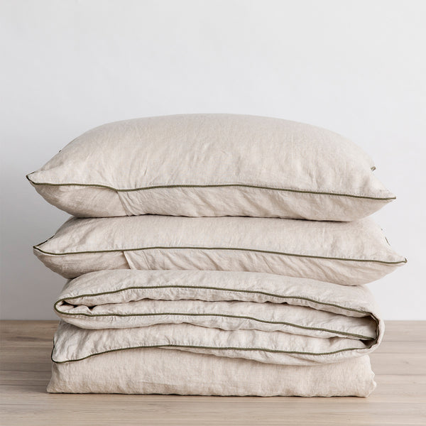 Piped Linen Duvet Set | Natural & Forest