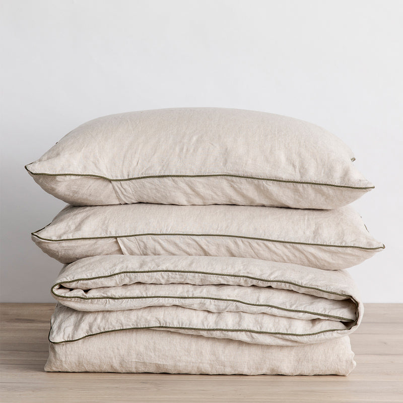 Piped Linen Duvet Set | Natural/Forest (King Size)