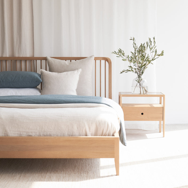 Spindle oak bed frame with spindle bedside table - Originals Furniture Singapore
