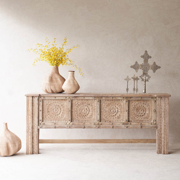 Vintage Teak Console with Brass Details