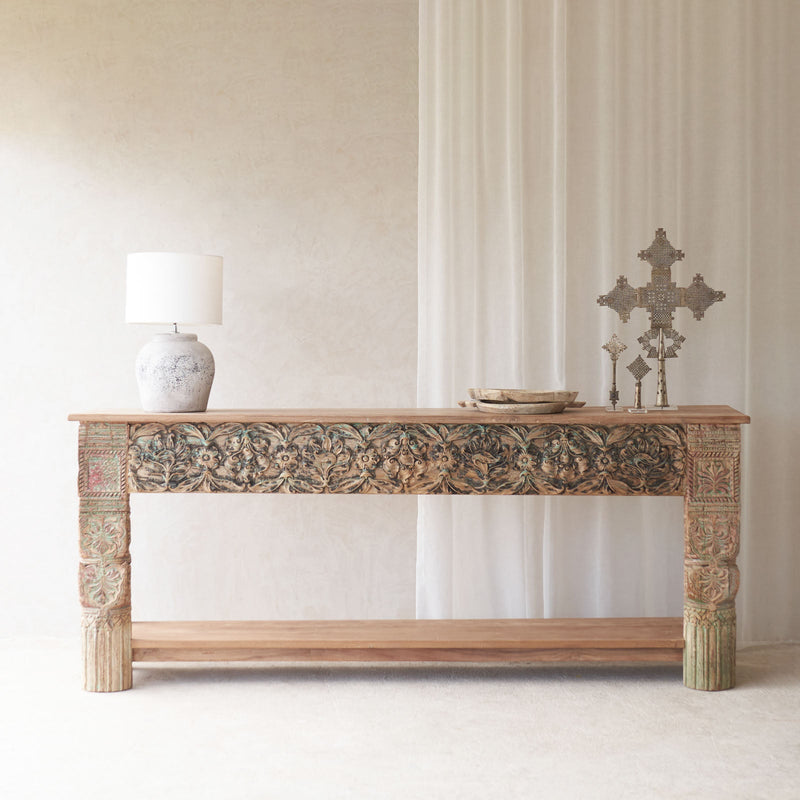 Vintage Teak Console with Carvings