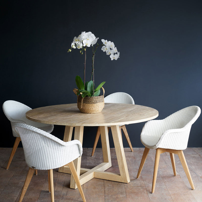Java teak round dining table in whitewash with jack dining chairs in white - Originals Furniture Singapore