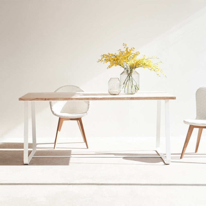 Java teak dining table whitewash with white sleigh base - Originals Furniture Singapore