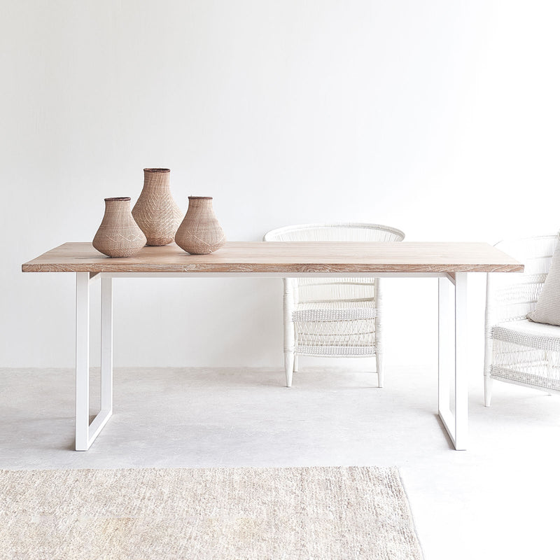 Java teak whitewash dining table with white metal U base - Originals Furniture Singapore