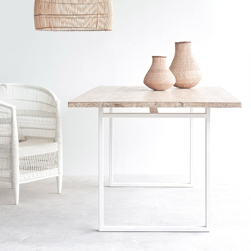 Java teak whitewash dining table with white metal U base - Originals Furniture Singapore