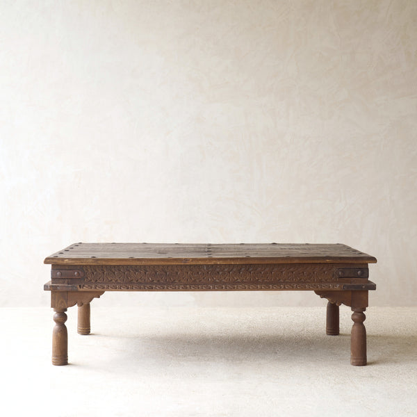 Vintage Teak Coffee Table handcrafted from reclaimed solid teak with a light natural finish and traditional carved details.