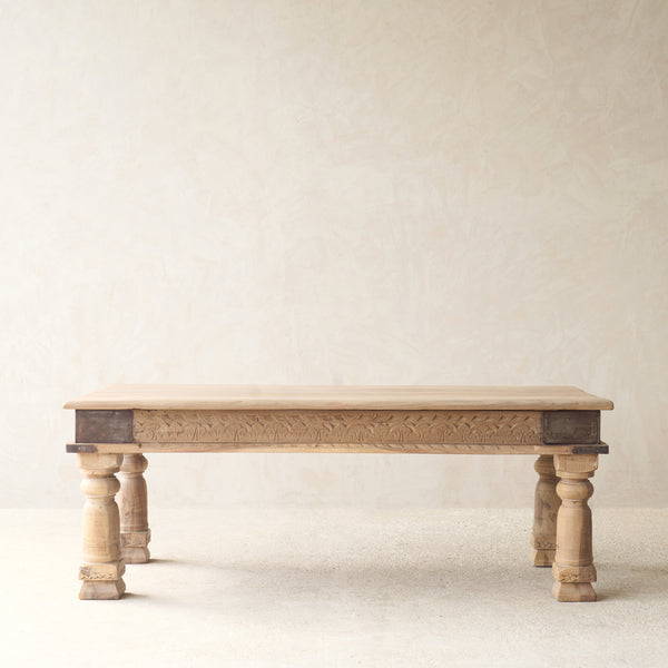 Vintage Teak Coffee Table Natural handcrafted from reclaimed solid teak with a light natural finish and traditional carved details.