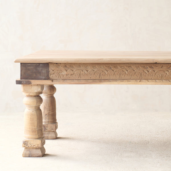 Vintage Teak Coffee Table Natural handcrafted from reclaimed solid teak with a light natural finish and traditional carved details.