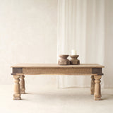 Vintage Teak Coffee Table Natural handcrafted from reclaimed solid teak with a light natural finish and traditional carved details.