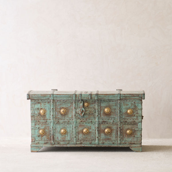 Vintage Chest with Brass Motifs | Bluewash