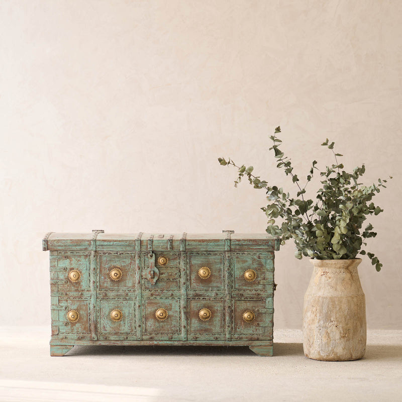 Vintage Chest with Brass Motifs | Bluewash