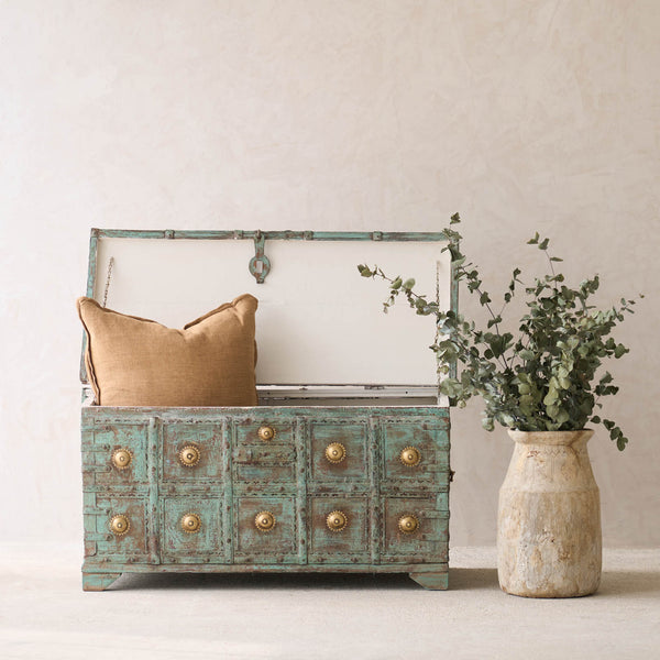 Vintage Chest with Brass Motifs | Bluewash
