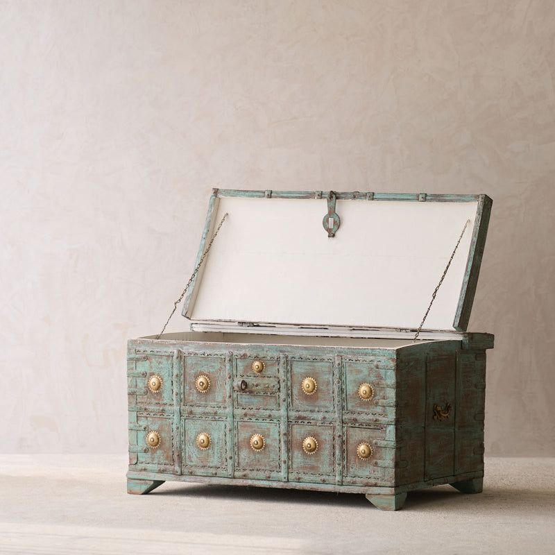 Vintage Chest with Brass Motifs | Bluewash