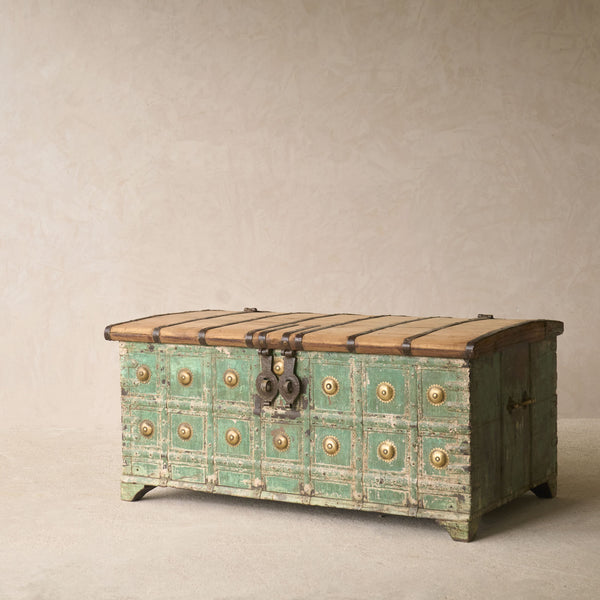 Vintage Indian Chest with Brass Motifs | Green - Originals Furniture