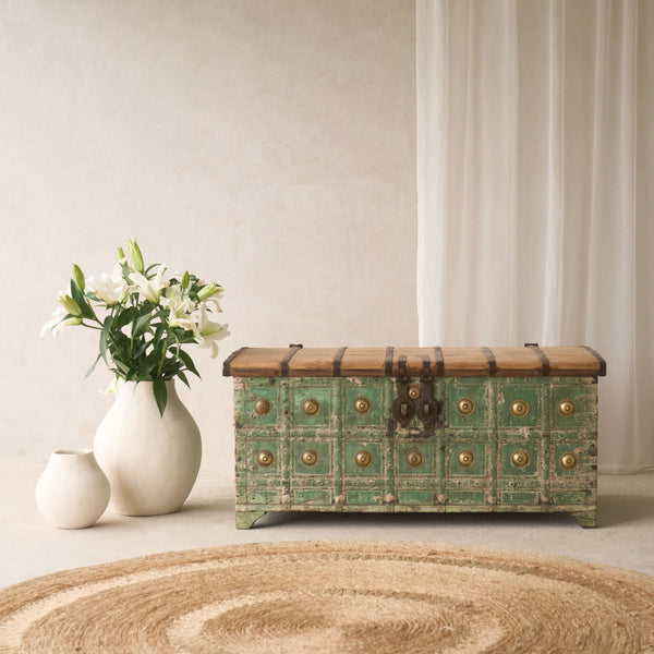 Vintage Indian Chest with Brass Motifs | Green - Originals Furniture