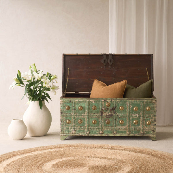 Vintage Indian Chest with Brass Motifs | Green - Originals Furniture