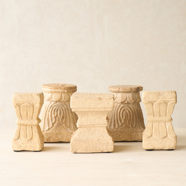 Reclaimed sandstone candle pedestal handcrafted from solid sandstone salvaged from a historic building in India.