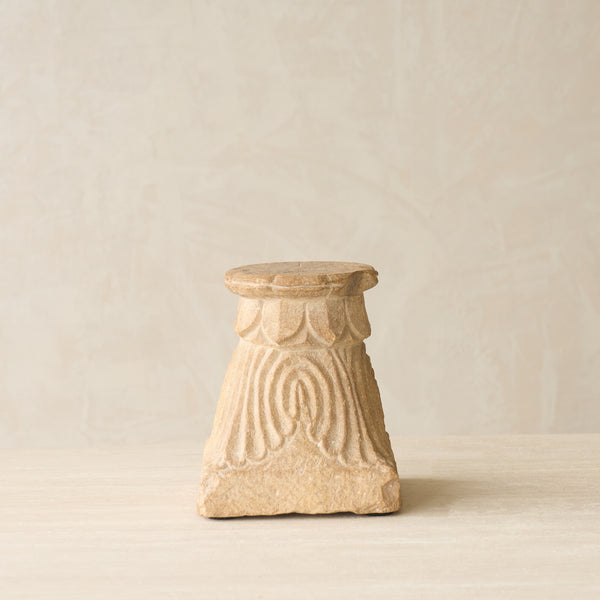 Reclaimed sandstone candle pedestal handcrafted from solid sandstone salvaged from a historic building in India.