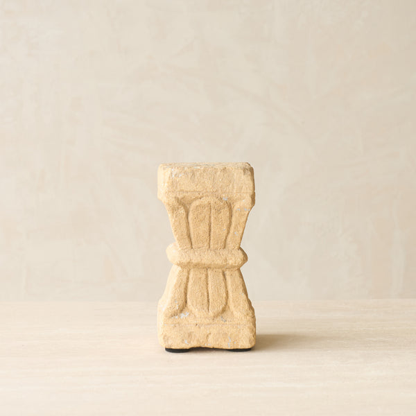 Reclaimed sandstone candle pedestal handcrafted from solid sandstone salvaged from a historic building in India.