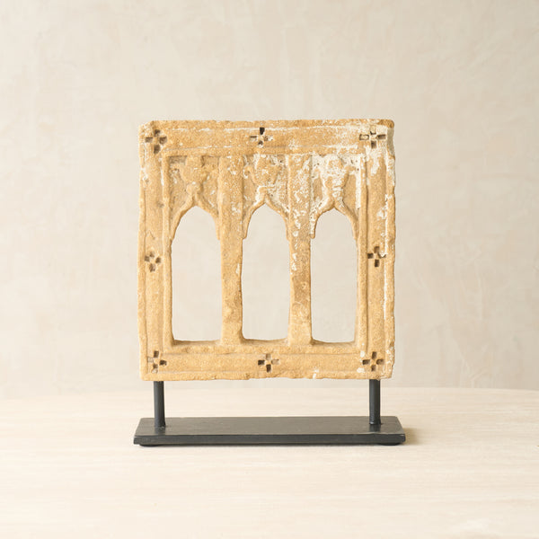 Triple Arch Sandstone Panel handcrafted from reclaimed sandstone salvaged from a historic architectural building in India.