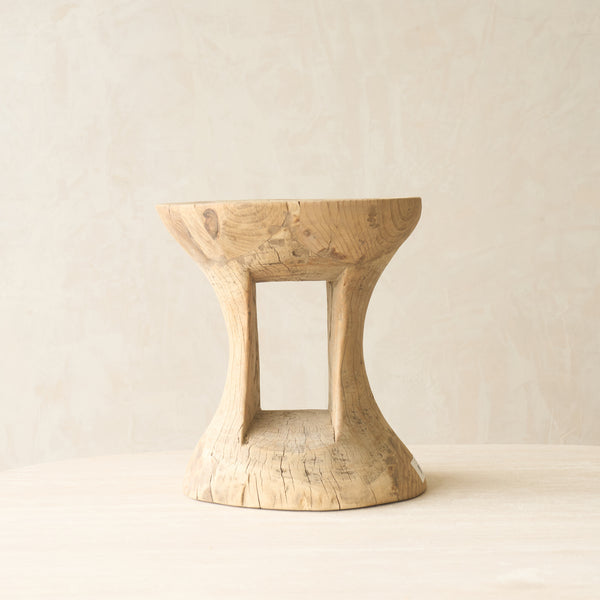 Vintage Naga Tribal Side Table Natural handcrafted from solid hardwood in Nagaland, India with a sculptural hand-carved design and natural restored finish.