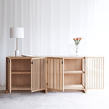 Clement oak sideboard 4 doors crafted with solid oak timber and consist of see-through glass panels and removable shelves - $3680