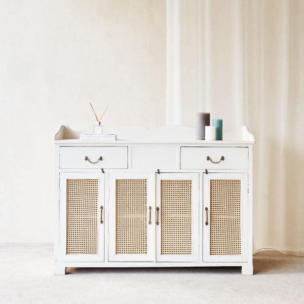 Vintage Sideboard with Rattan Inlay | White