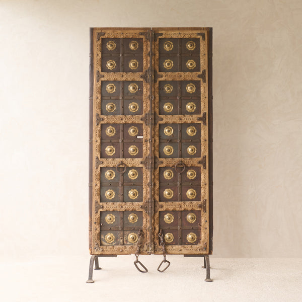 Vintage Teak Carved Door with Brass Motifs