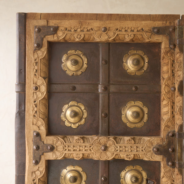 Vintage Teak Carved Door with Brass Motifs