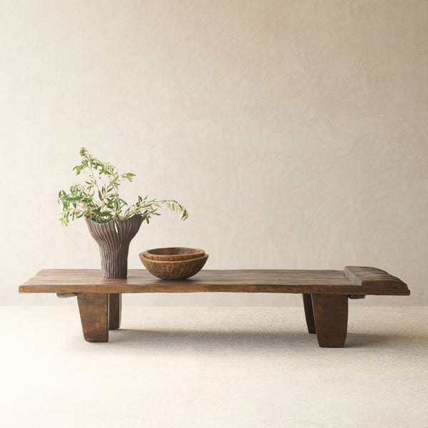 Vintage Naga Tribal Coffee Table Natural handcrafted from solid hardwood, restored from a traditional Naga daybed from Nagaland, India.