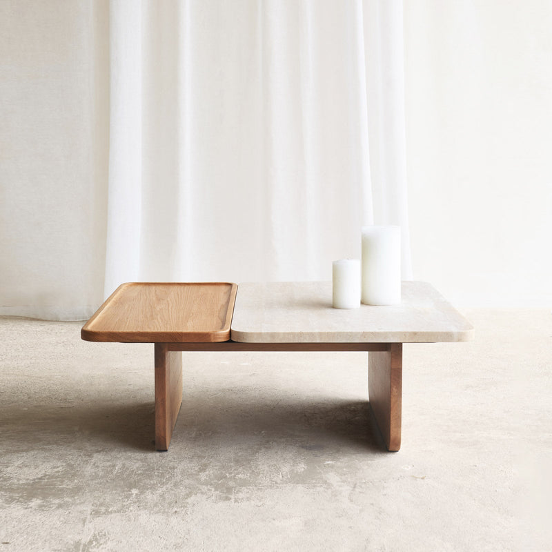 Duo coffee table travertine top with oak base - Originals Furniture Singapore